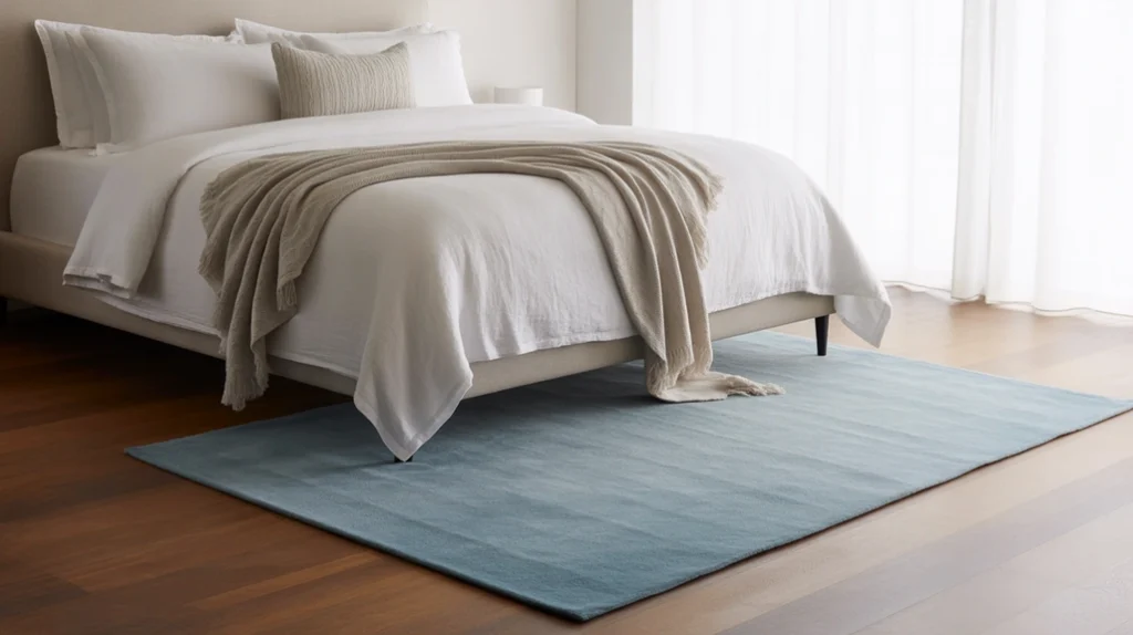 Modern light blue bedroom featuring a cozy blue throw rug under the bed.