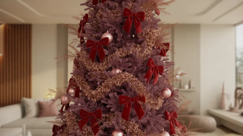 Romantic burgundy and rose-gold Christmas tree with velvet bows and metallic ornaments in a modern transitional home.
