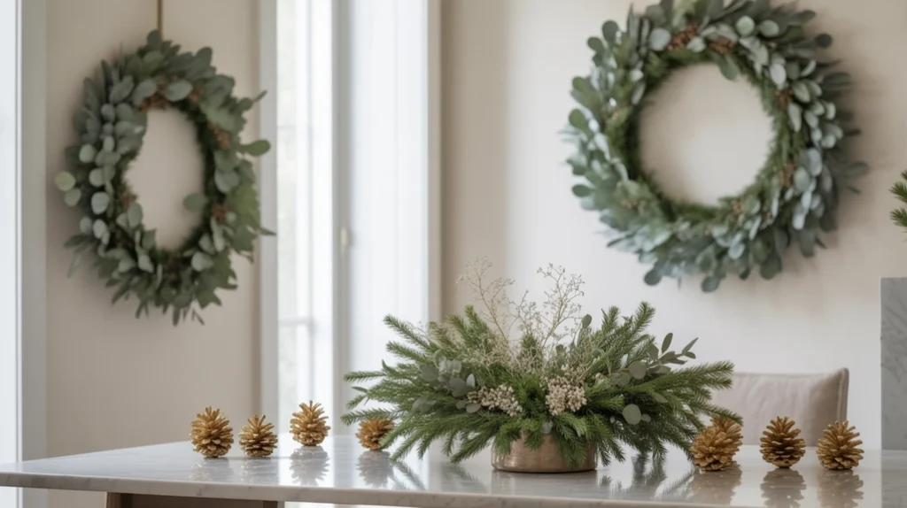 Eucalyptus wreaths and gold-leaf pinecones in a botanical gold & green Christmas color trend setup.