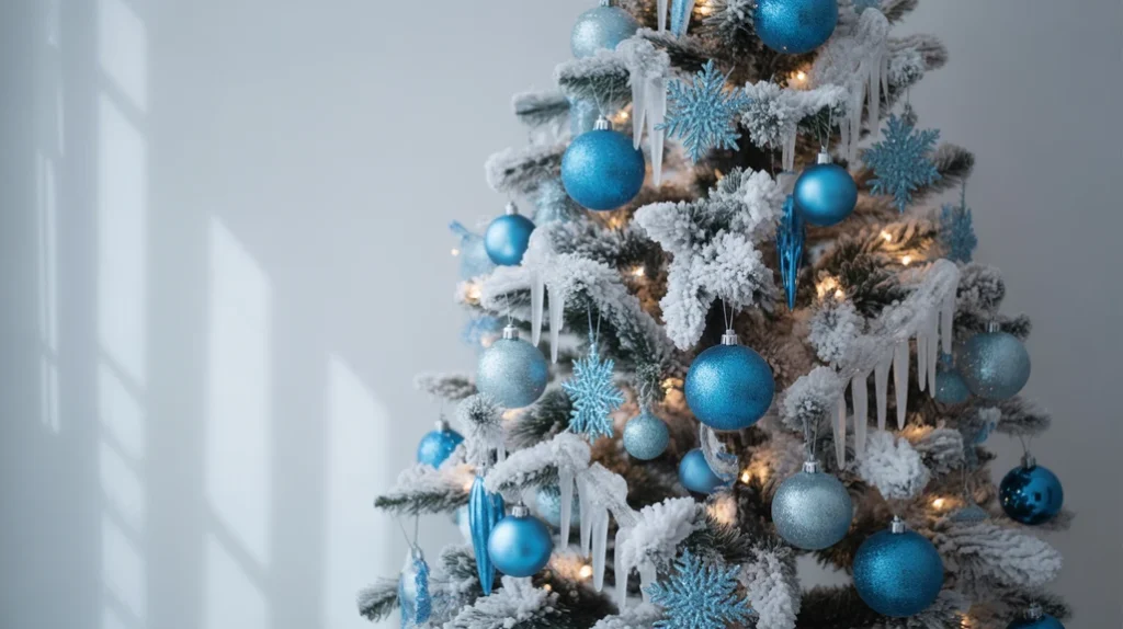 Frosted blue Christmas tree with silver snowflakes, icicle garlands, and white fairy lights creating an icy winter wonderland atmosphere.