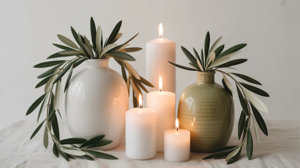Mediterranean-inspired white and olive-green Christmas décor with olive garlands and neutral candlelight.