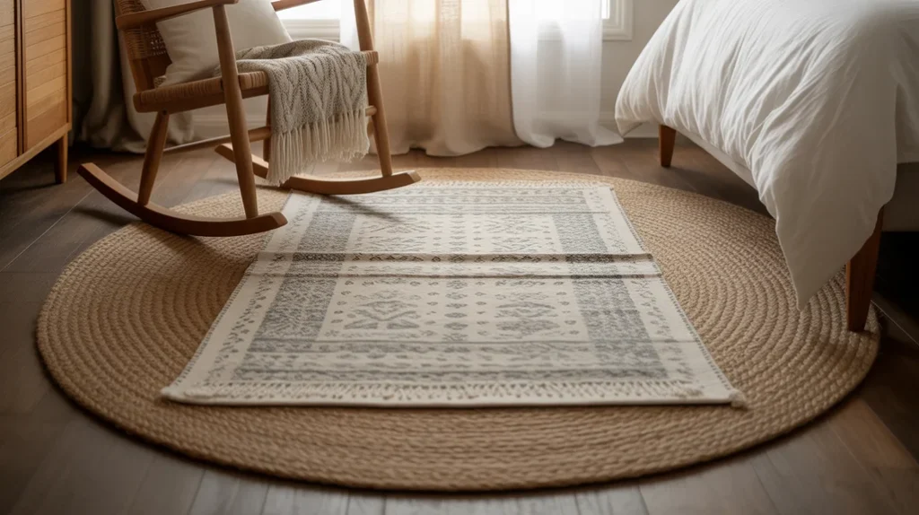 Bedroom with layered rugs including jute and patterned designs for warmth