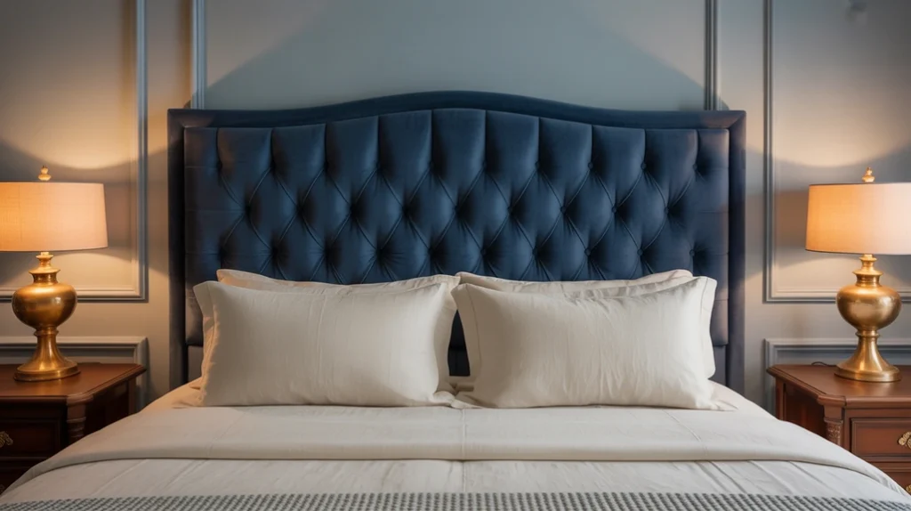Navy velvet headboard with cream bedding in a luxurious blue and cream bedroom.