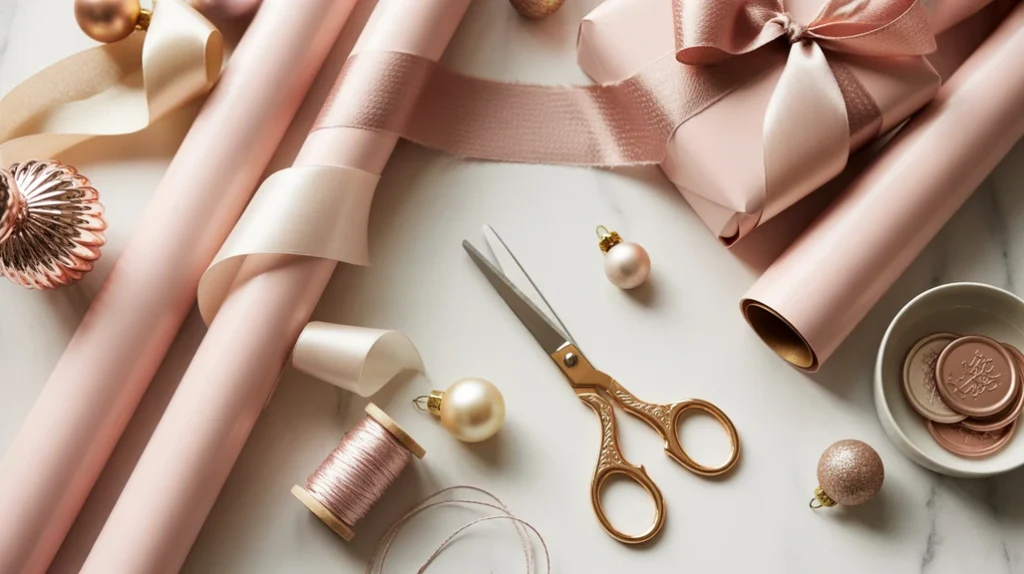 Gift wrapping station with blush paper, gold scissors, and silk ribbons in an elegant holiday workspace.