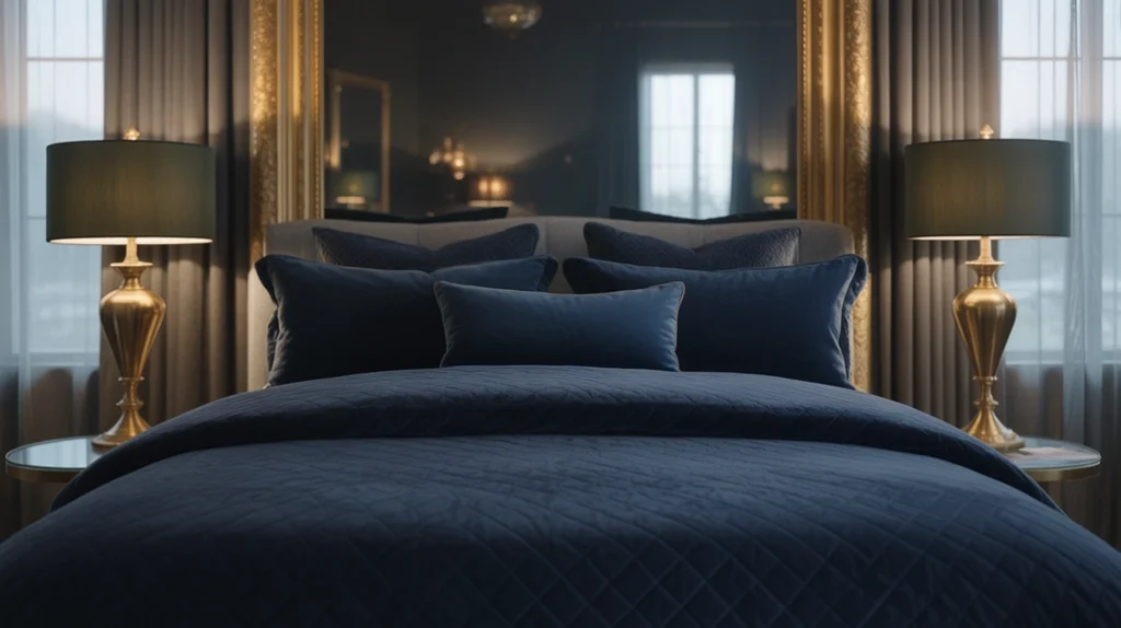 Cozy moody bedroom with brass accents for warmth and style.