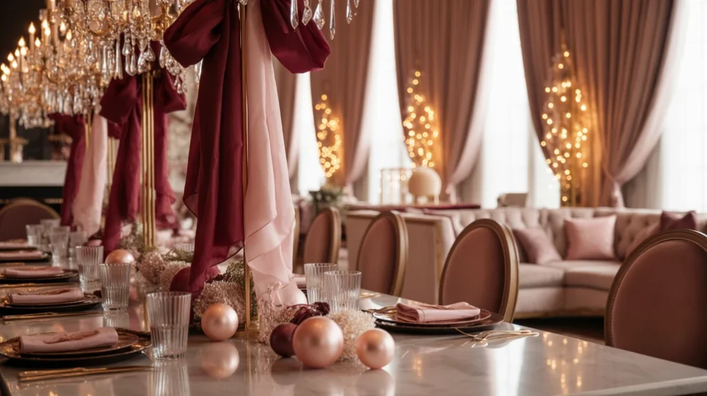 romantic christmas decor with burgundy and blush tones, champagne accents, and soft holiday lighting.