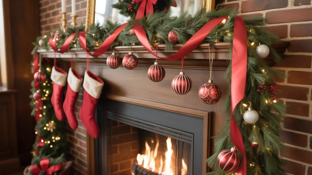 candy-cane themed fireplace mantel decorated with red ribbons, striped ornaments, and white garland for festive charm.