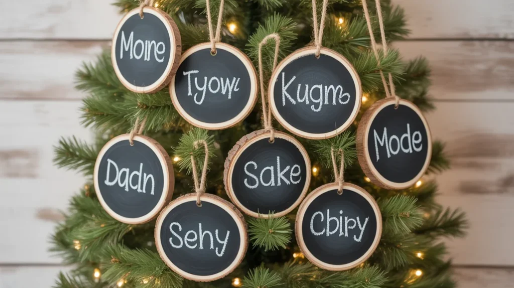 chalkboard-style name ornaments for personalized Christmas tree ideas”