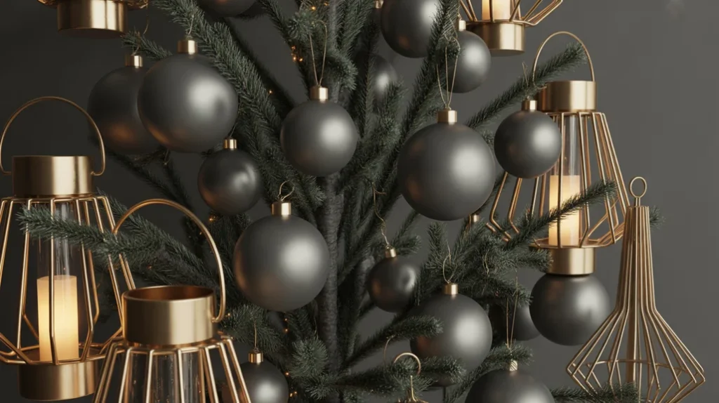 Charcoal gray and brass Christmas decorations blending industrial holiday chic with warm brass lighting.