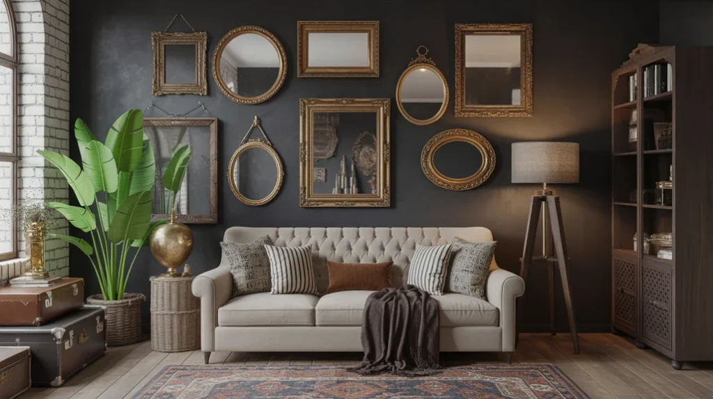 Eclectic mirror gallery wall with vintage frames in a moody boho interior