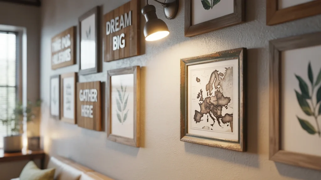 Farmhouse bedroom wall décor with rustic wooden frames and farmhouse signs.
