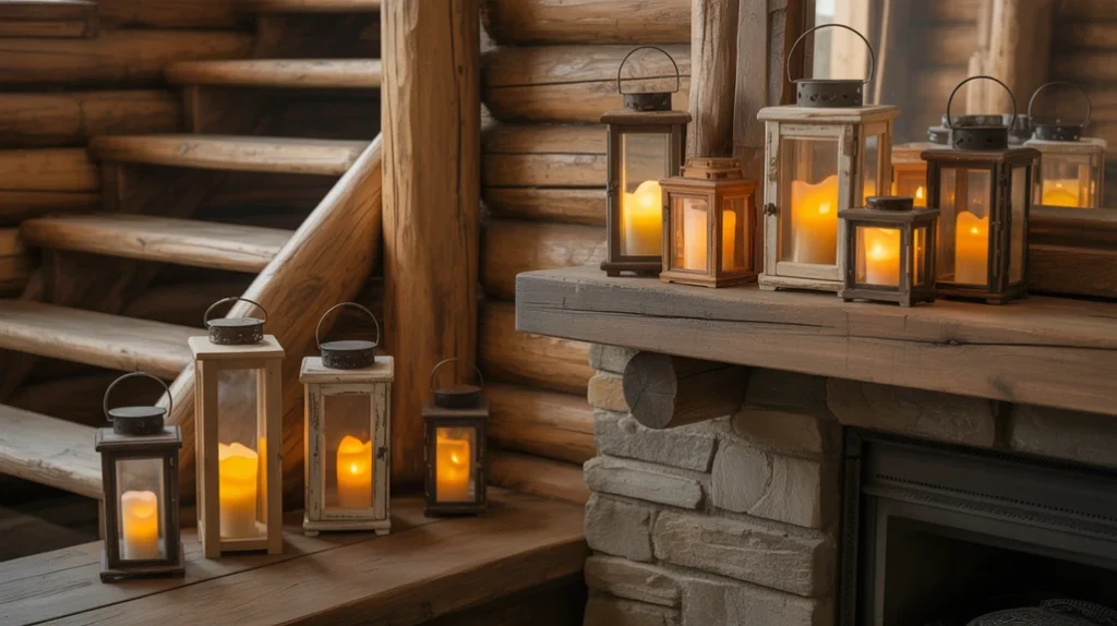Lanterns and candlelight adding rustic glow to cozy cabin Christmas interior