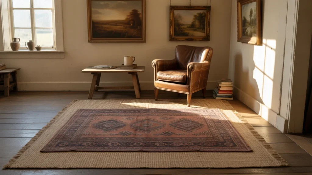 Layered rugs in a warm farmhouse living room with jute and patterned styles.