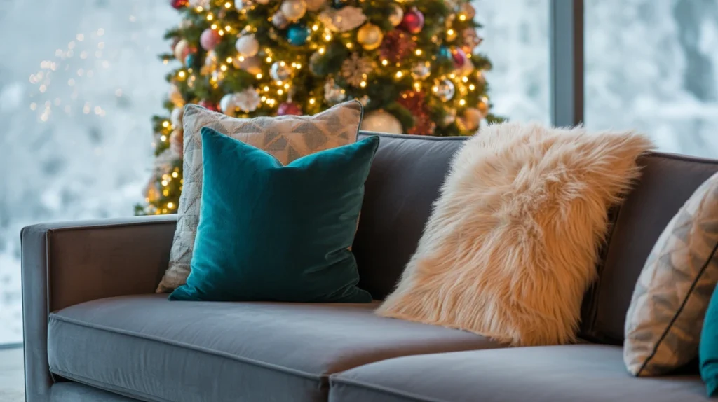 Living room decorated with modern Christmas textures — velvet pillows, faux fur throws, and soft lighting.