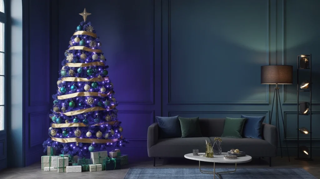 Midnight blue and emerald Christmas tree theme with jewel-tone ornaments and gold ribbons for a luxurious festive feel.