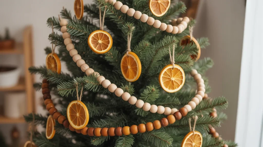 Boho garland of wood beads and dried citrus on a Christmas tree.