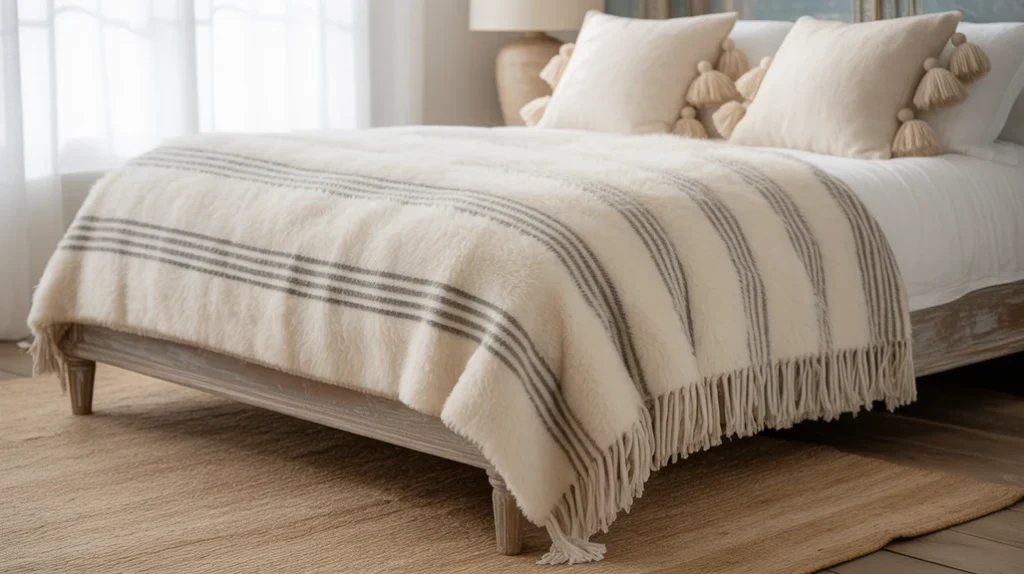 Bedroom with striped throw blanket, fringed pillows, natural fiber rug, airy coastal boho vibe”