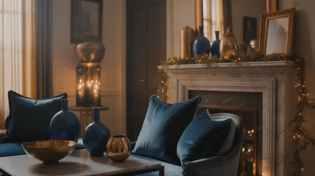 Elegant navy and gold Christmas decorations with metallic accents and moody holiday lighting.