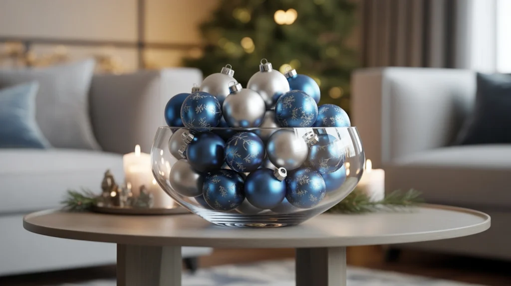 Glass bowl filled with shiny blue and silver ornaments as a simple centerpiece idea for Christmas décor.