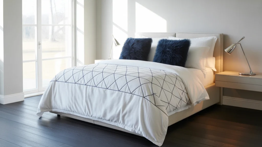 pattern-mix-navy-bedroom-idea → Patterned pillows and textiles in a navy blue bedroom