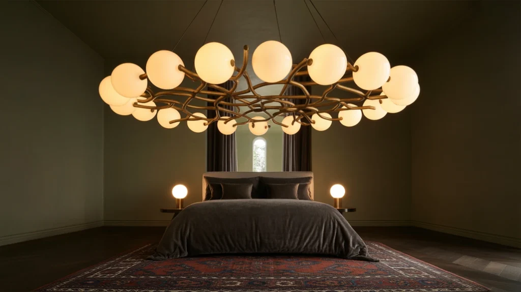 Maximalist bedroom layering patterned wallpaper and bedding together.