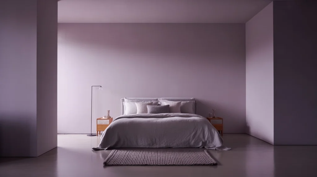 Minimalist bedroom mixing lilac and gray for a calm, balanced look — stylish purple bedroom ideas.
