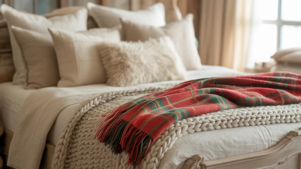 Rustic bedding idea with layered linen sheets, cotton blankets, and plaid throws