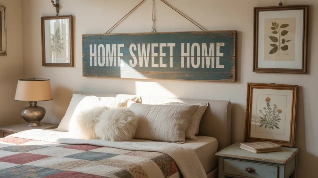 Rustic farmhouse bedroom décor with farmhouse signs and wall art.