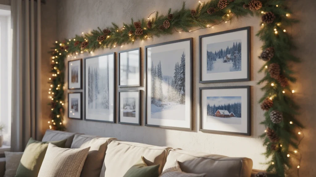 Framed seasonal artwork and holiday prints styled above Christmas living room sofa