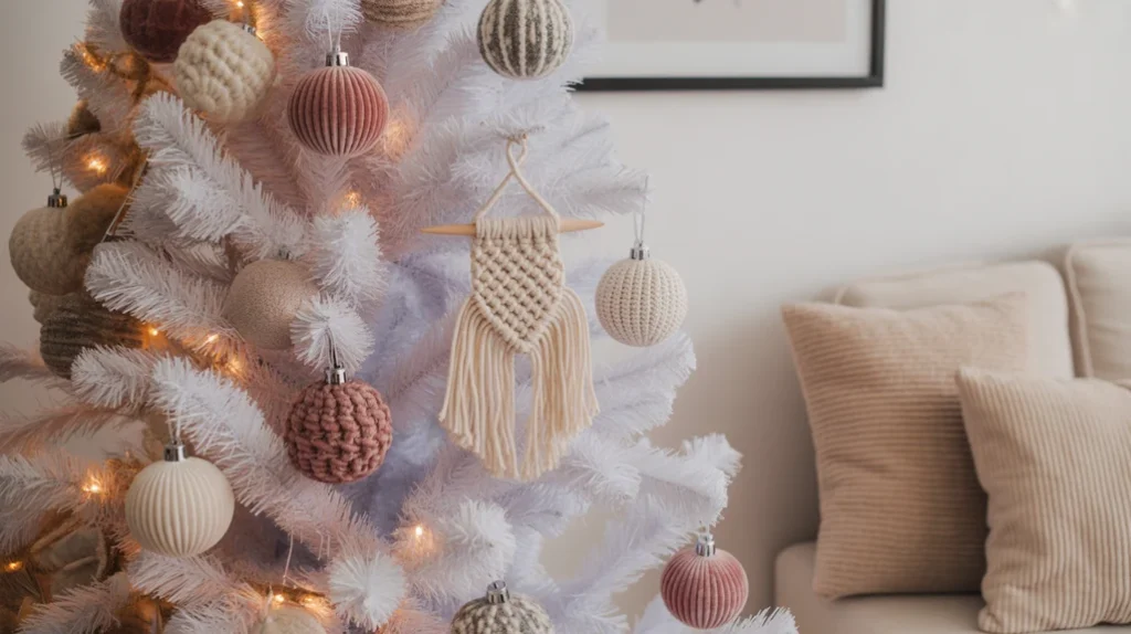 Knitted and macrame ornaments on a neutral Christmas tree adding soft texture and warmth.