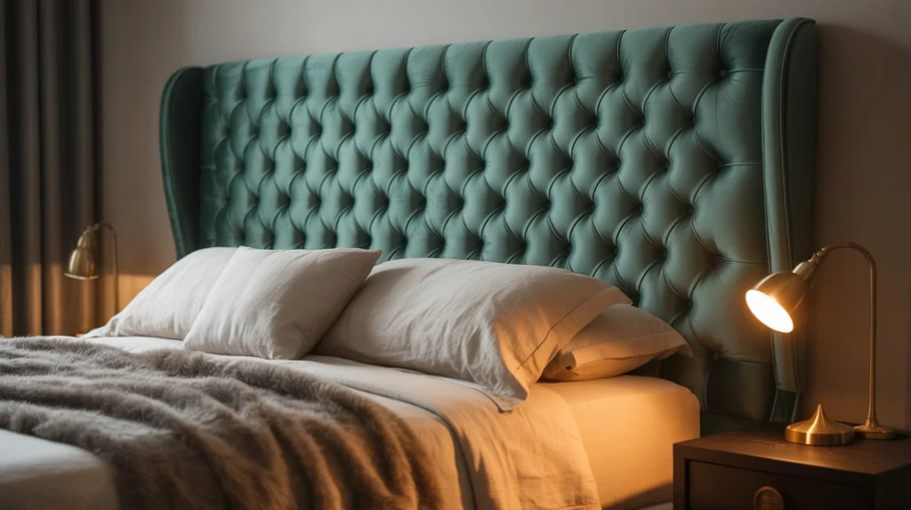 Romantic bedroom with statement velvet headboard as centerpiece.
