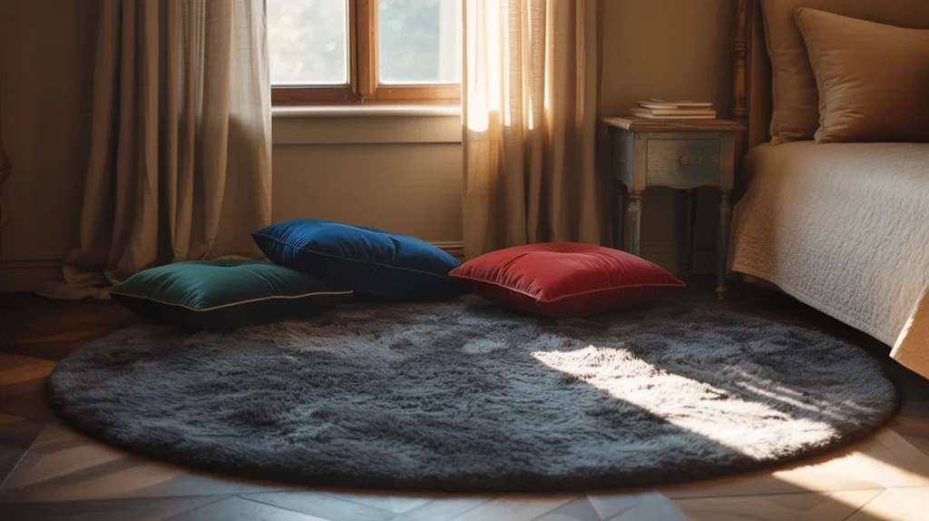 Layered fabrics like velvet, linen, and cotton enhancing cozy texture in eclectic bedroom design.