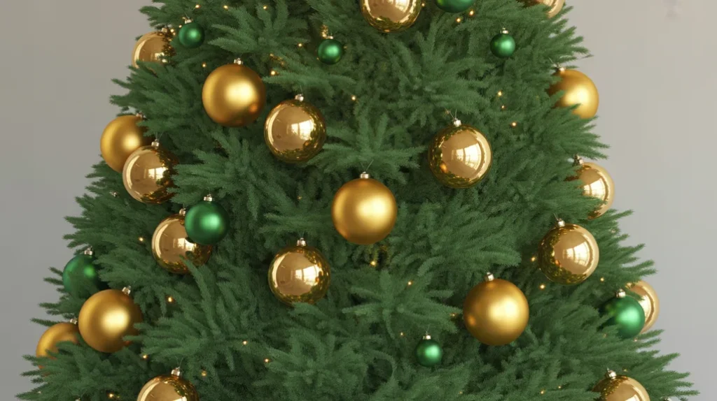Different ornament sizes adding depth and balance to modern Christmas tree decoration.
