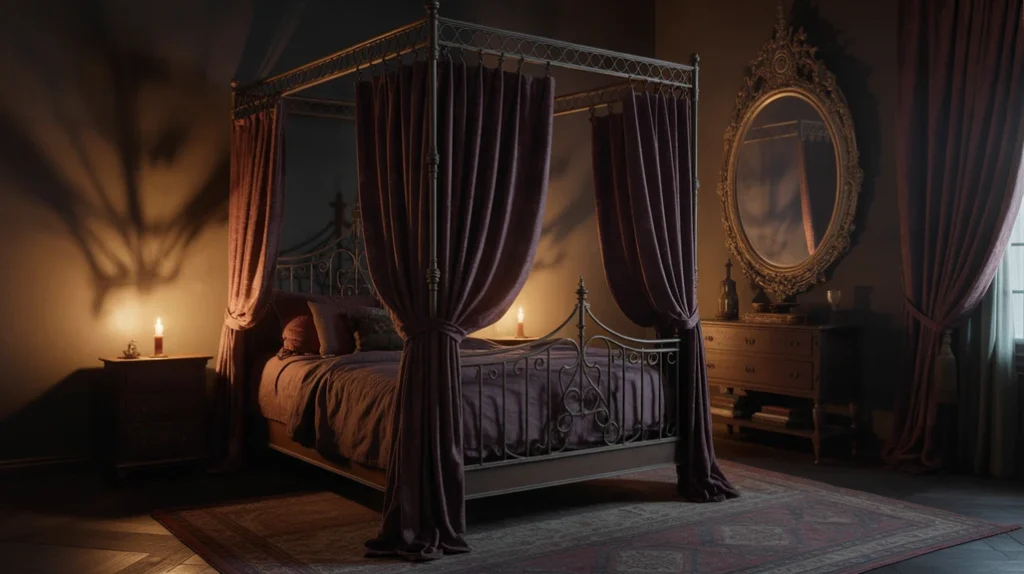 Vintage furniture and mirrors in gothic witchy room.