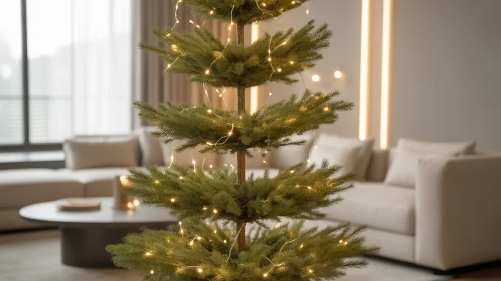 Minimalist Christmas tree wrapped in warm white fairy lights creating ambient modern holiday decor.