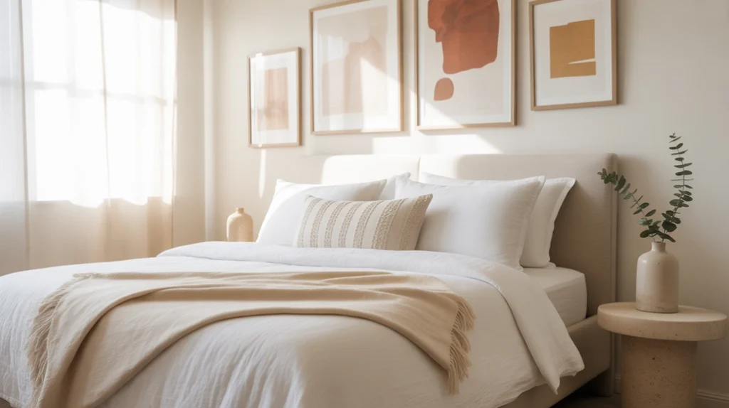 Bedroom wall art in warm terracotta and gold tones creating an inviting atmosphere.