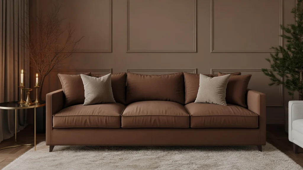 luxurious living room in chocolate brown and creamy ivory tones with gold candleholders and subtle festive decor.