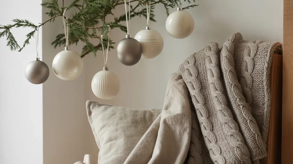 Soft grey and wool textures in Scandinavian holiday decor — cozy hygge interior with candles and minimal ornaments.