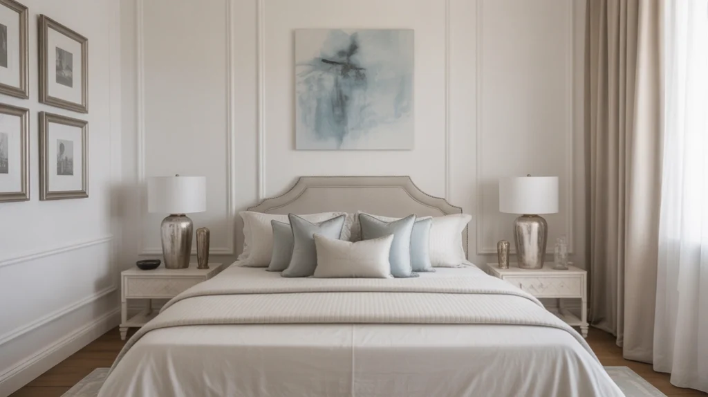 Bedroom idea with light blue artwork above the bed and simple calming décor pieces.