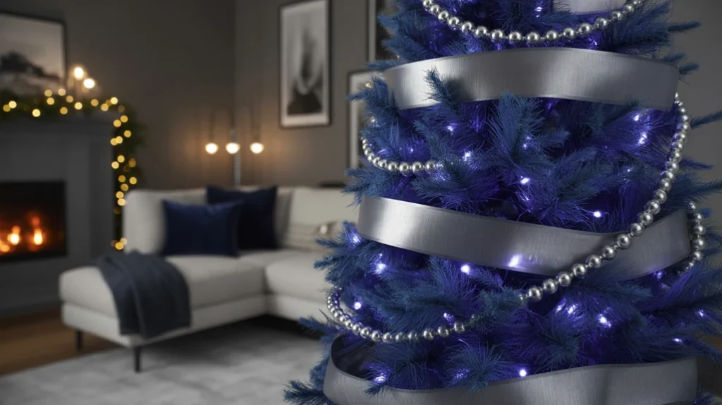 Midnight blue and metallic silver Christmas tree with brushed-nickel ribbon, bead strands, and moody lighting for elegant modern homes.