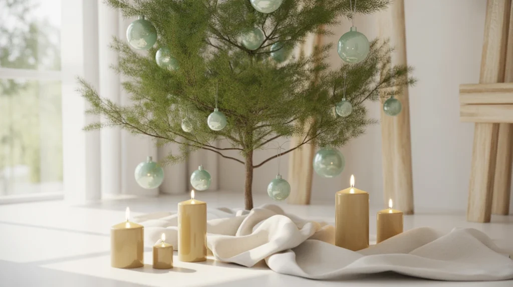 Mint-green ornaments and pale-gold accents in a bright Scandinavian Christmas living room.