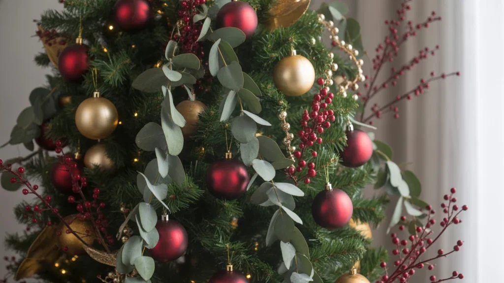 Natural red and gold Christmas tree layered with eucalyptus sprigs and cranberry picks for organic holiday décor.