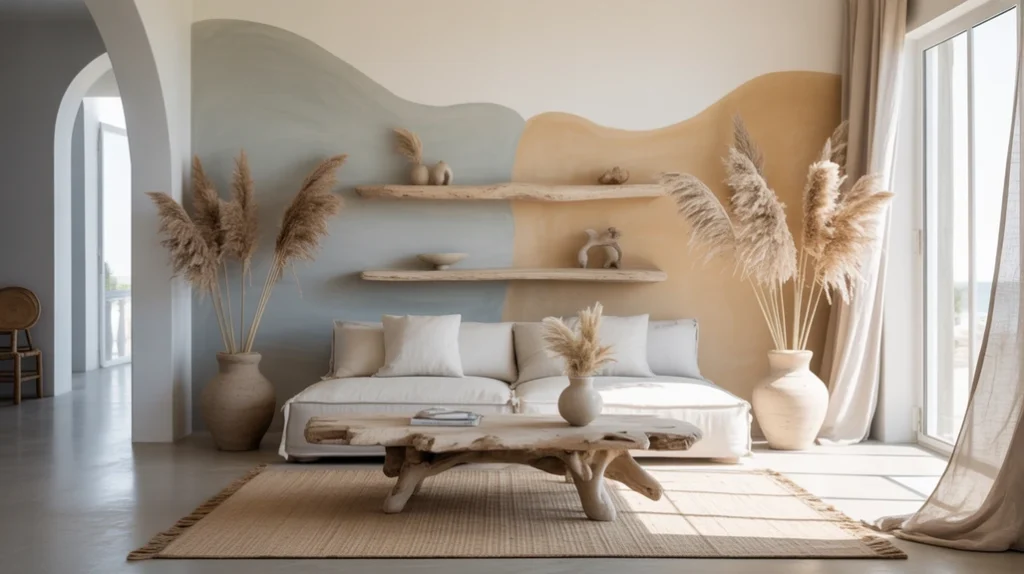 Coastal minimalist Christmas design using sand and soft gray palette with driftwood and pampas grass.