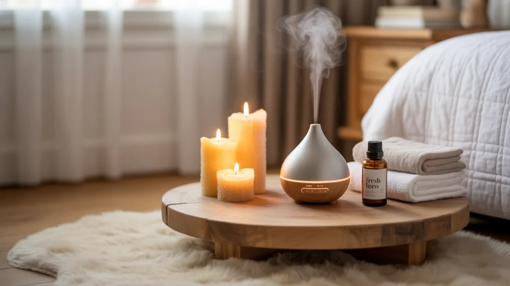 Candles and essential oils on a nightstand filling the bedroom with cozy scents.