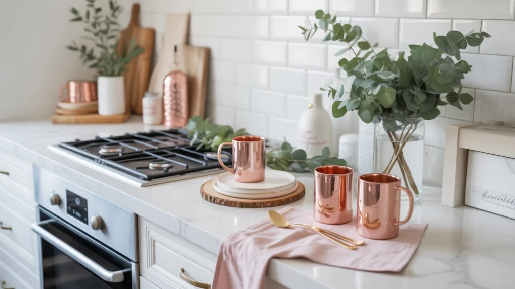 Kitchen decorated with blush towels, rose gold mugs, and eucalyptus stems for subtle Christmas charm.