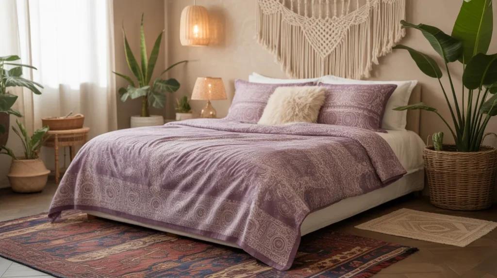 Boho purple bedroom with mandala prints and woven textures — eclectic and creative purple bedroom ideas.