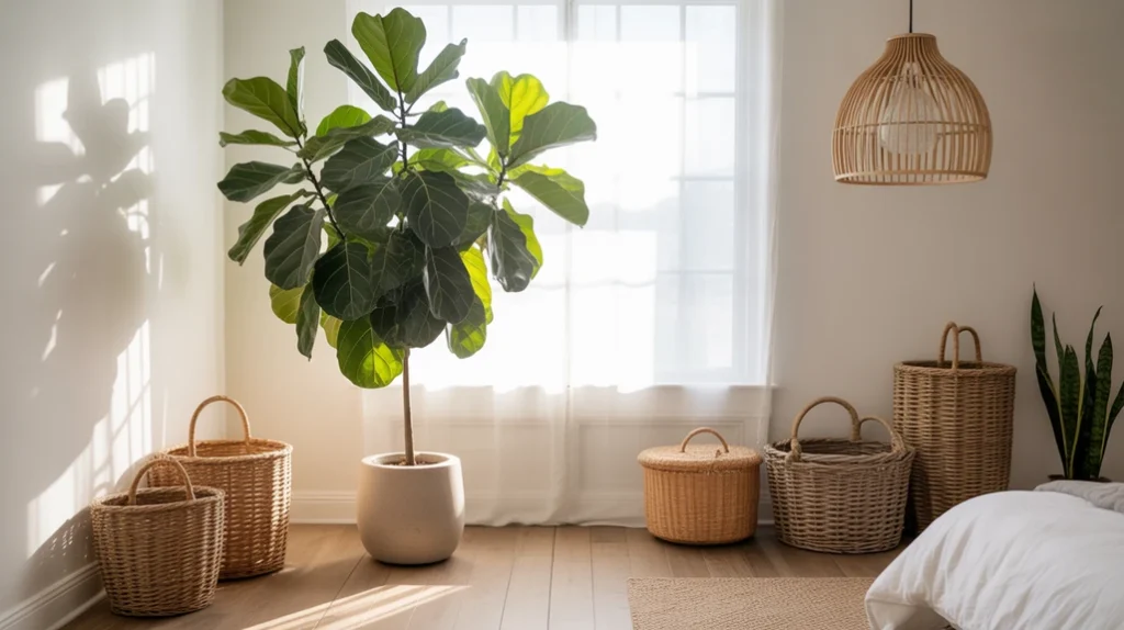 Light-filled bedroom with potted palm and fiddle-leaf fig, woven baskets, rattan lighting, fresh atmosphere”