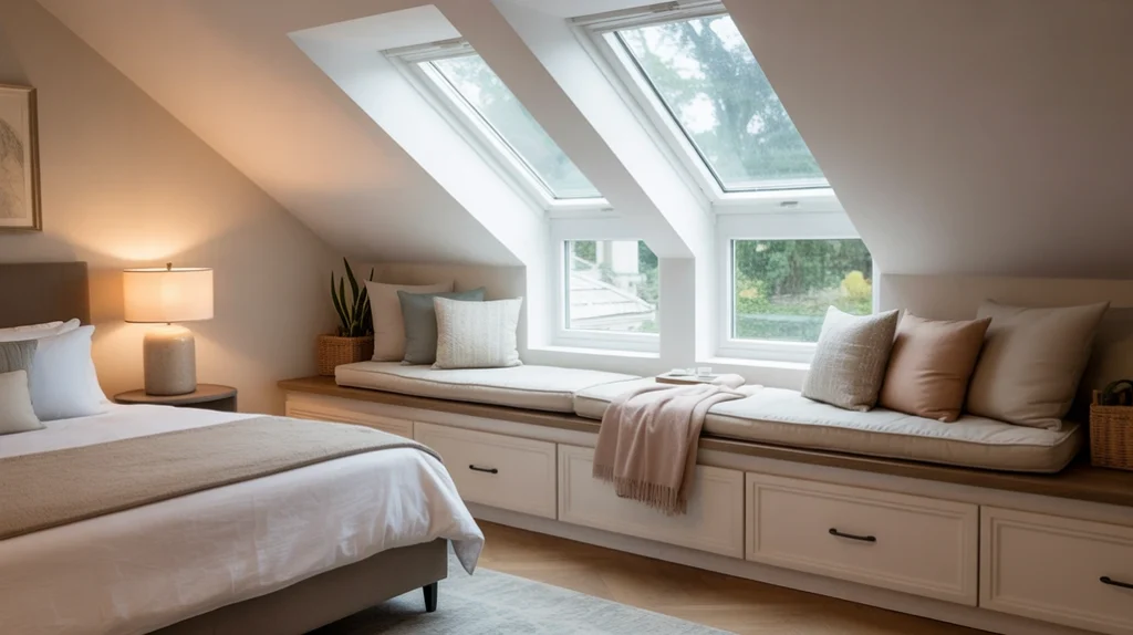 built-in-window-seat-bench – attic bedroom ideas featuring built-in window seat with cushions for comfort