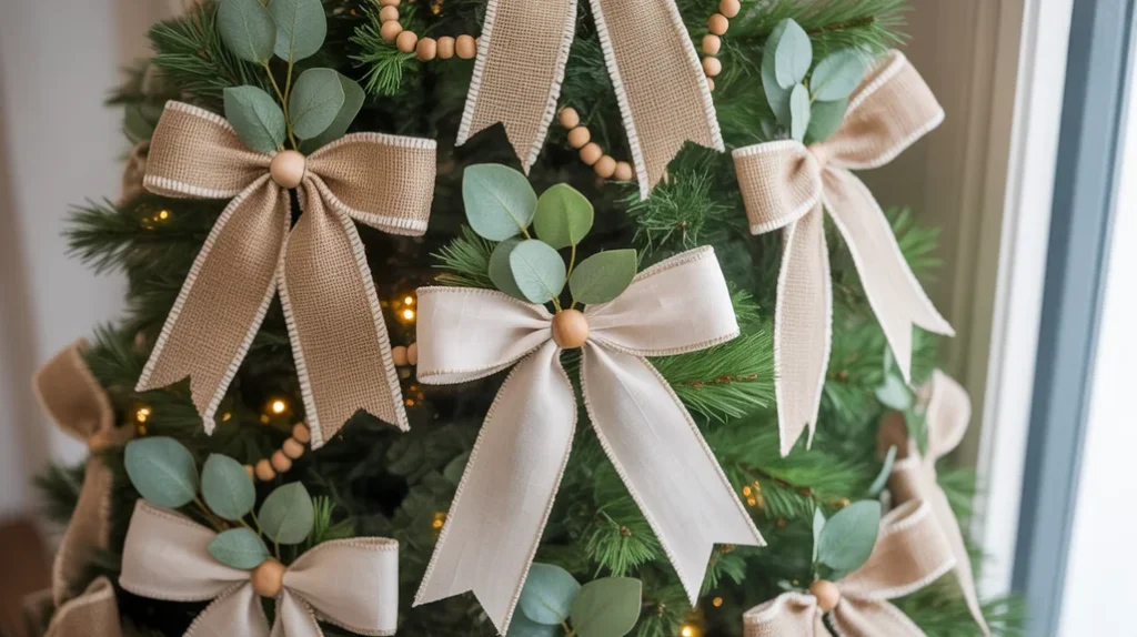 “burlap bow ornaments for farmhouse-style Christmas decoration”