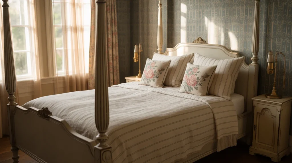 Maximalist bedroom with canopy bed styled with dramatic fabrics.